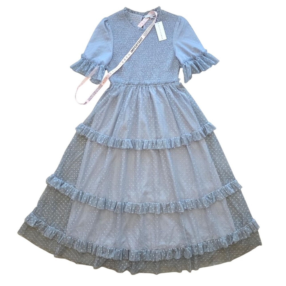 Baltic Born Lysandra Smocked Dot Tiered Maxi Dress Dusty Slate Blue Medium NWT